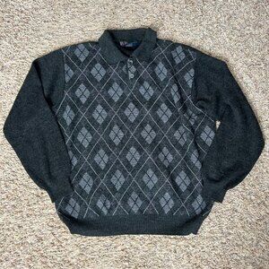 R&R Casuals Knit Sweater Men Gray XL Wool Blend Pullover Argyle Pattern Diamond
